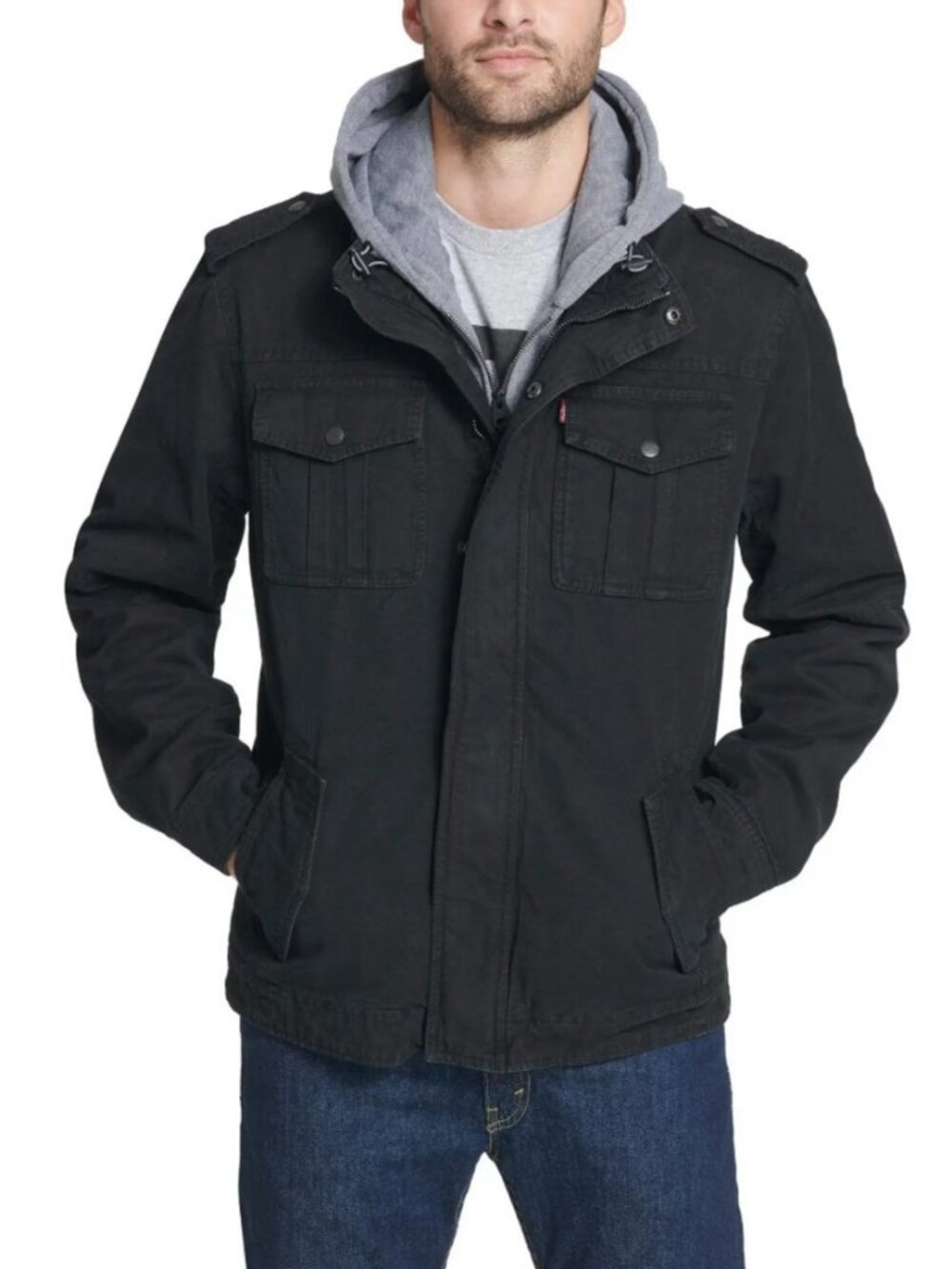 Levi's Washed Cotton Hooded Military Jacket LM8RC364 Black Mens Size Small - NEW